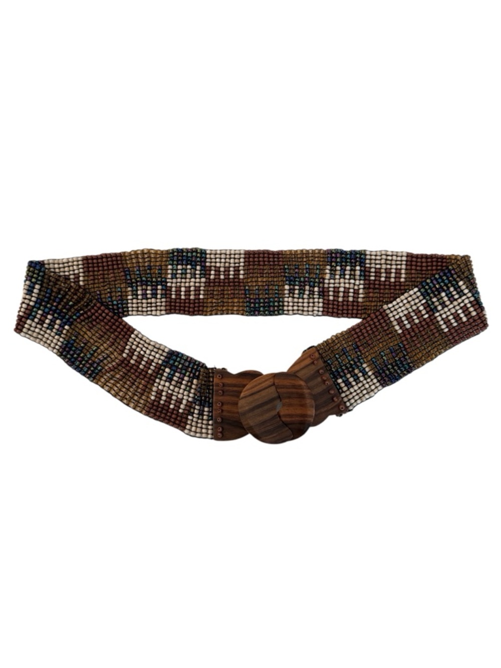 Beaded Multi‑Color Stretch Waist Belt with Wooden Buckle